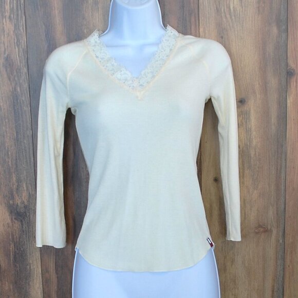 Tommy Hilfiger Women's Cream Lace V Neck Ribbed Long Sleeve Top S - Picture 1 of 5